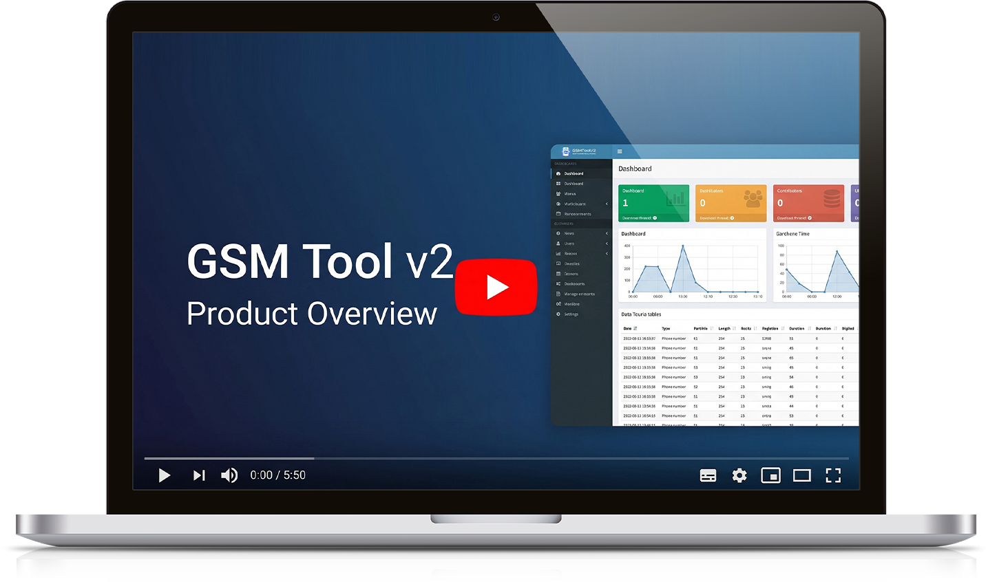 Laptop displaying GSM Tool V2 product overview video